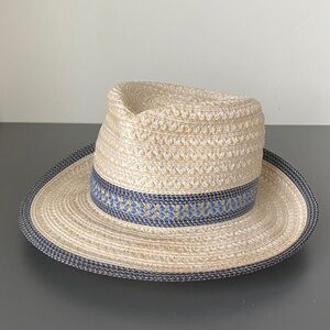 Eric Javits New York Women's Fedora Hat Blue Natural Beige Vacation Travel Beach